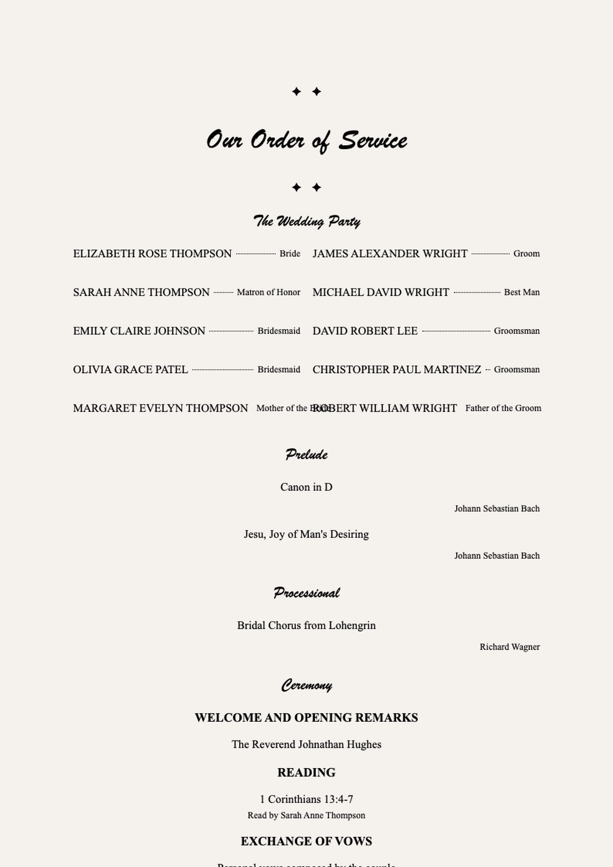 Elegant wedding ceremony program with musical selections and participant roles_variant_3